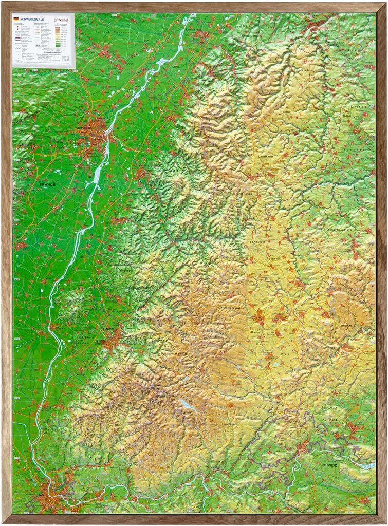 Carte murale en relief - Forêt Noire - 77 x 57 cm | Georelief carte en relief Georelief Avec cadre en bois 