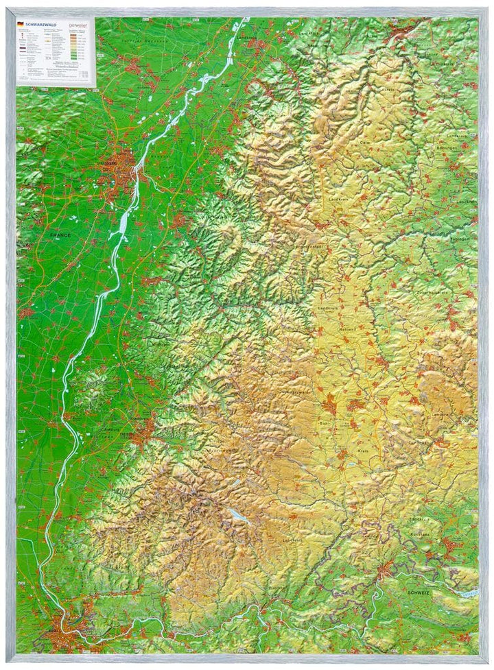 Carte murale en relief - Forêt Noire - 77 x 57 cm | Georelief carte en relief Georelief Avec cadre aluminium