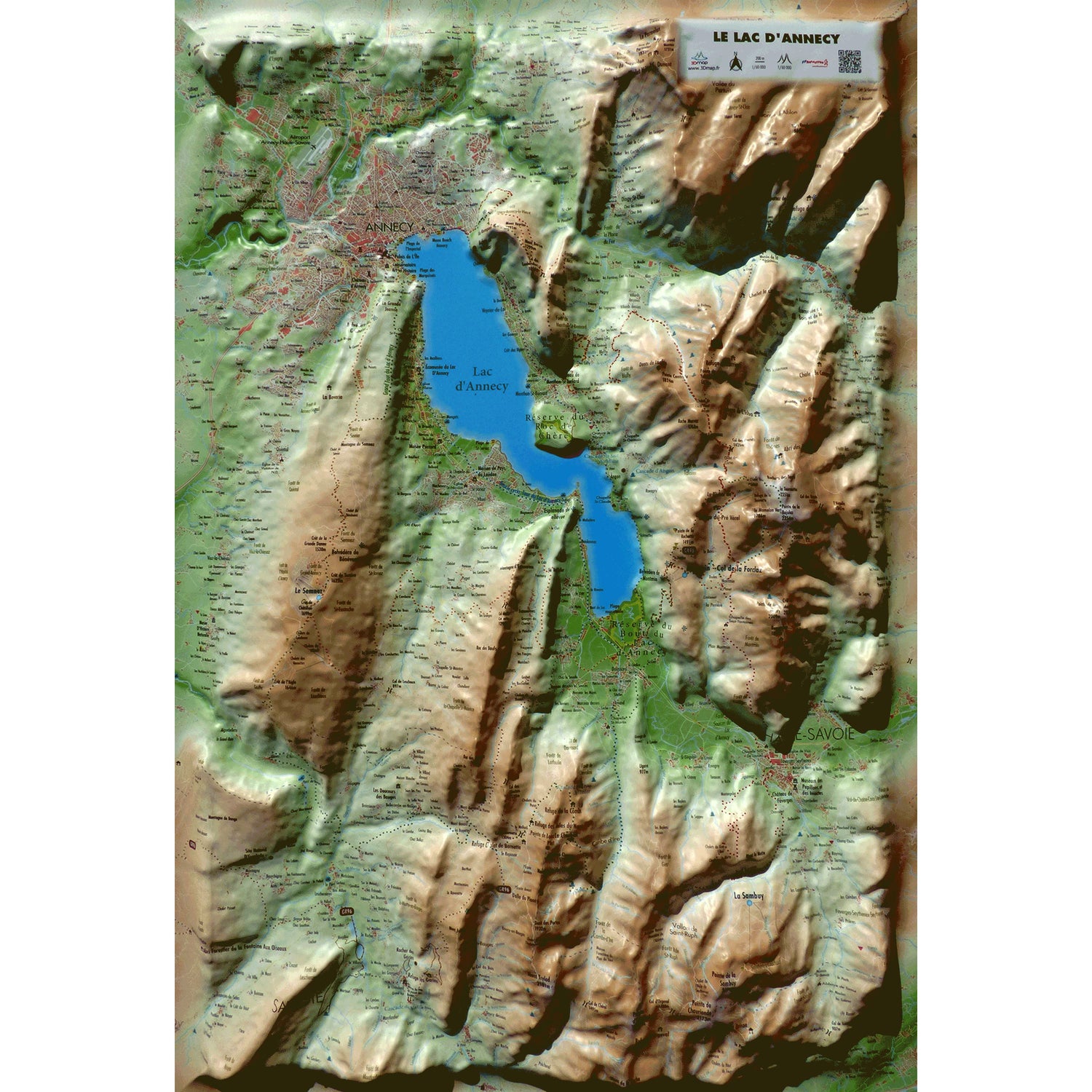 Carte murale en relief - Lac d'Annecy - 61 cm x 41 cm | 3D Map carte en relief 3D Map