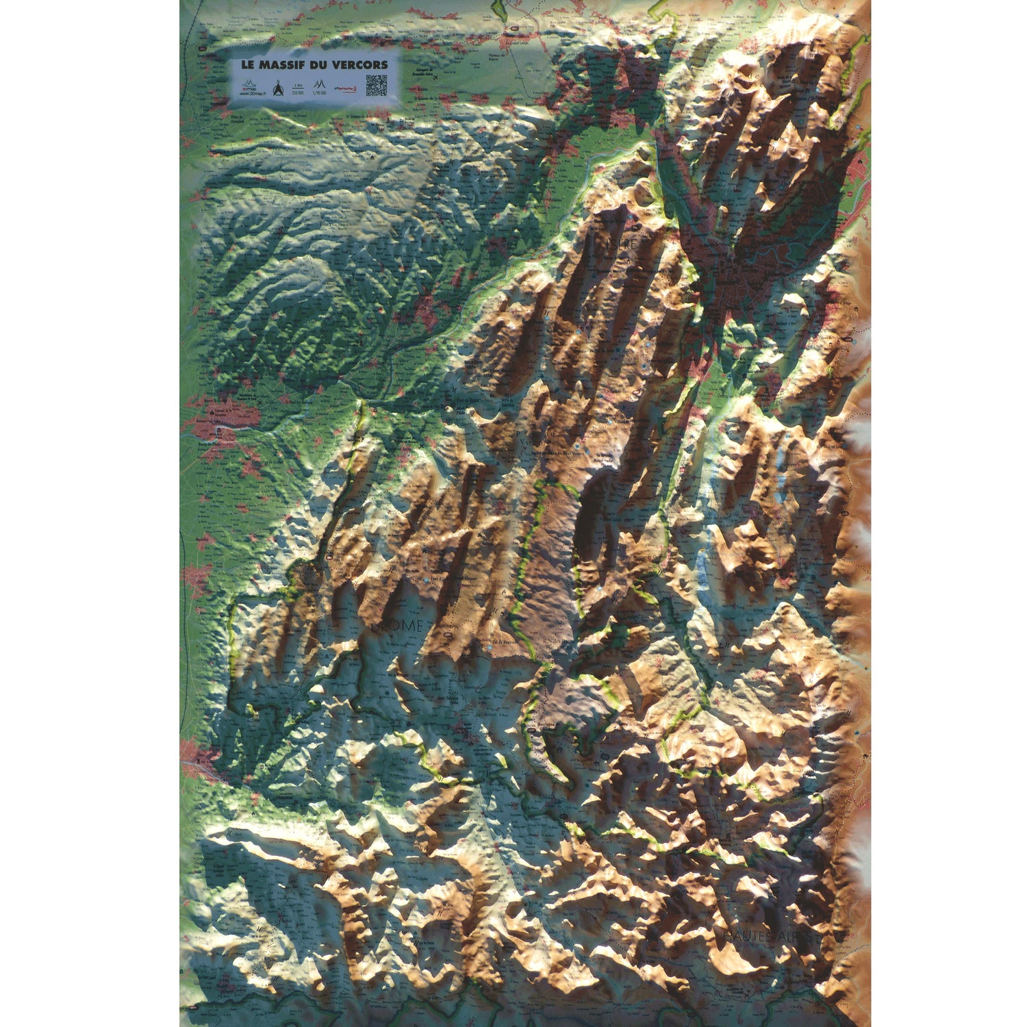 Carte murale en relief - Massif du Vercors - 41 cm x 61 cm | 3D Map carte en relief 3D Map