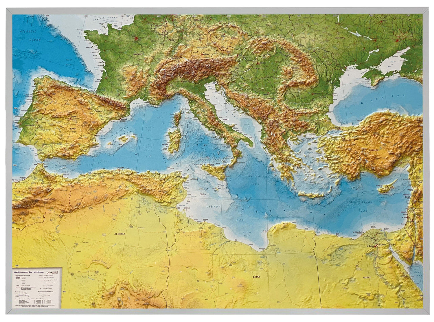 Carte murale en relief - Mer Méditerranée (en anglais) - 77 x 57 cm | Georelief carte en relief Georelief Avec cadre aluminium
