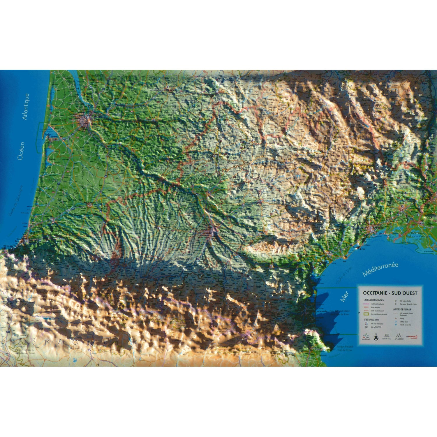 Carte murale en relief - Occitanie & Sud-Ouest de la France - 61 cm x 41 cm | 3D Map carte en relief 3D Map