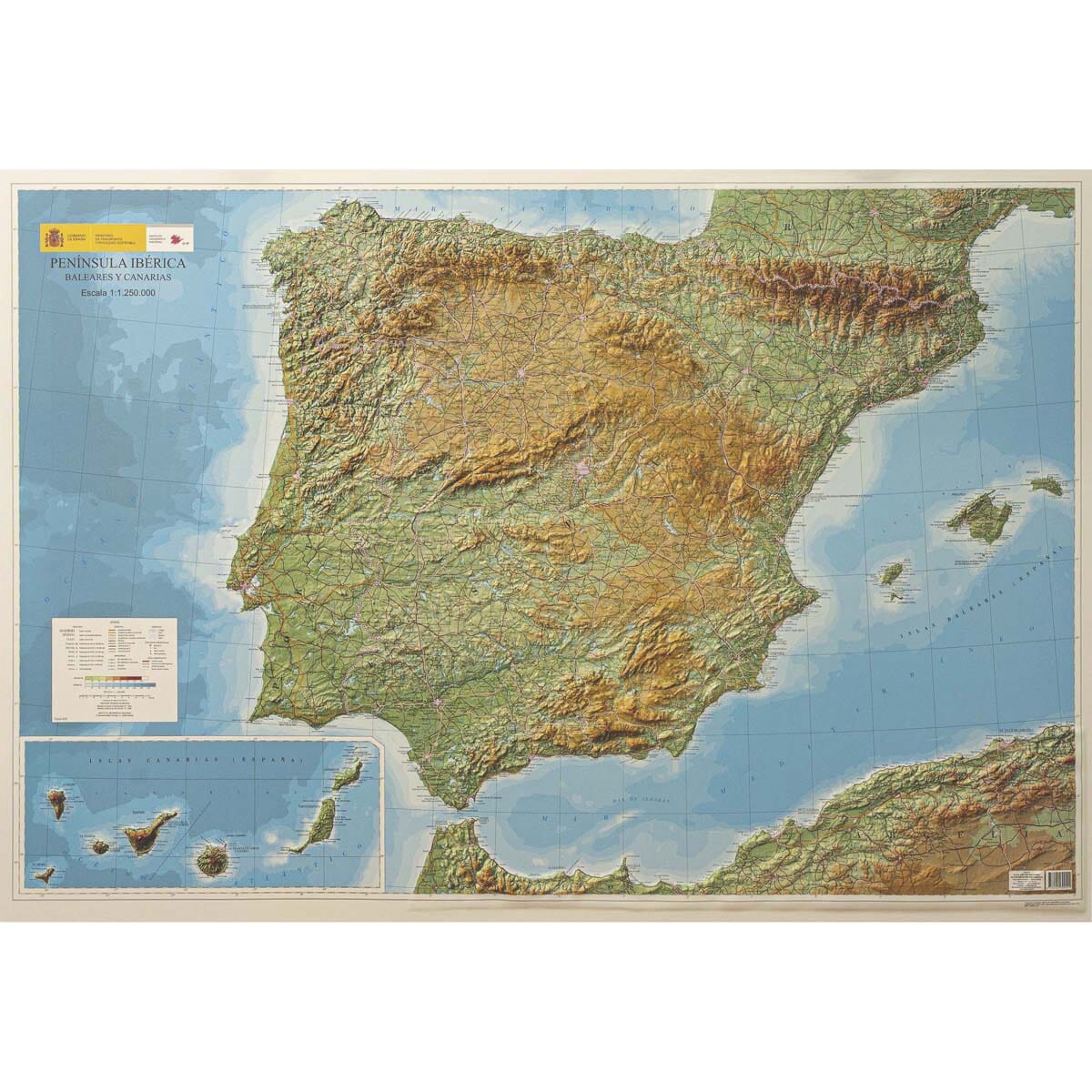Carte murale en relief - Péninsule ibérique, Baléares & Canaries - 127 x 88 cm | CNIG carte en relief CNIG 