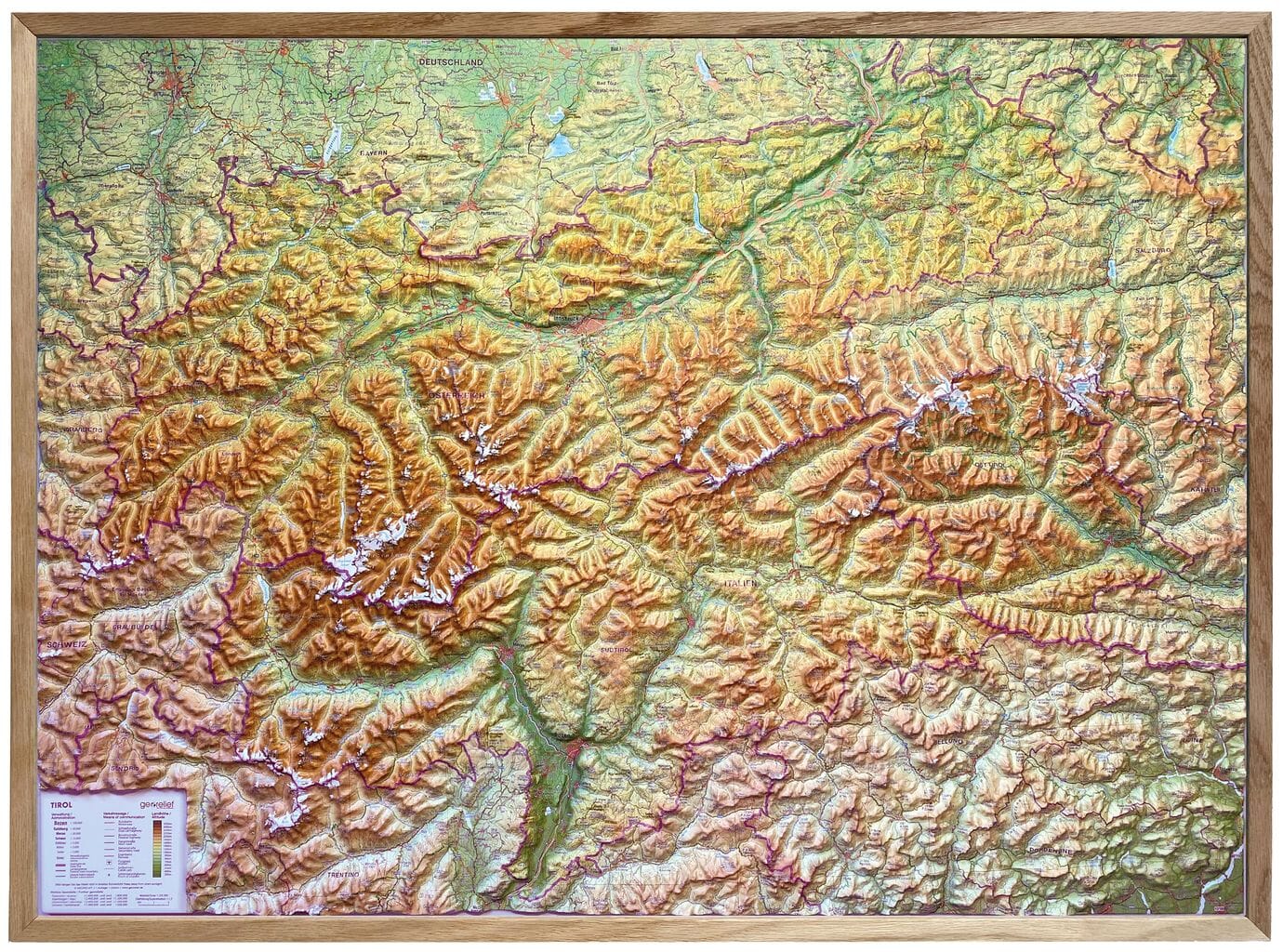 Carte murale en relief - Tyrol (en anglais) - 77 x 57 cm | Georelief carte en relief Georelief Avec cadre en bois