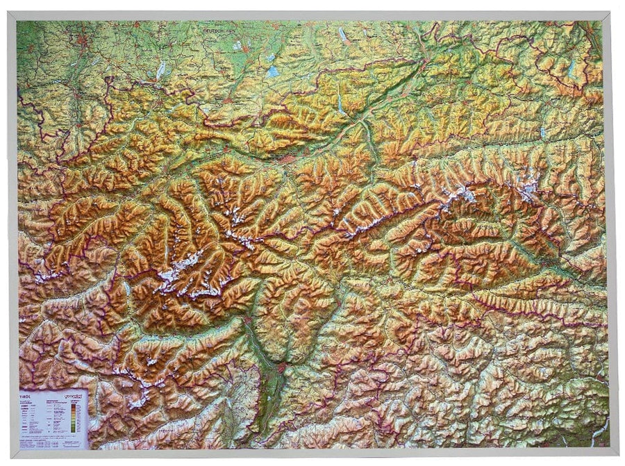 Carte murale en relief - Tyrol (en anglais), avec cadre aluminium - 77 x 57 cm | Georelief carte relief Georelief 