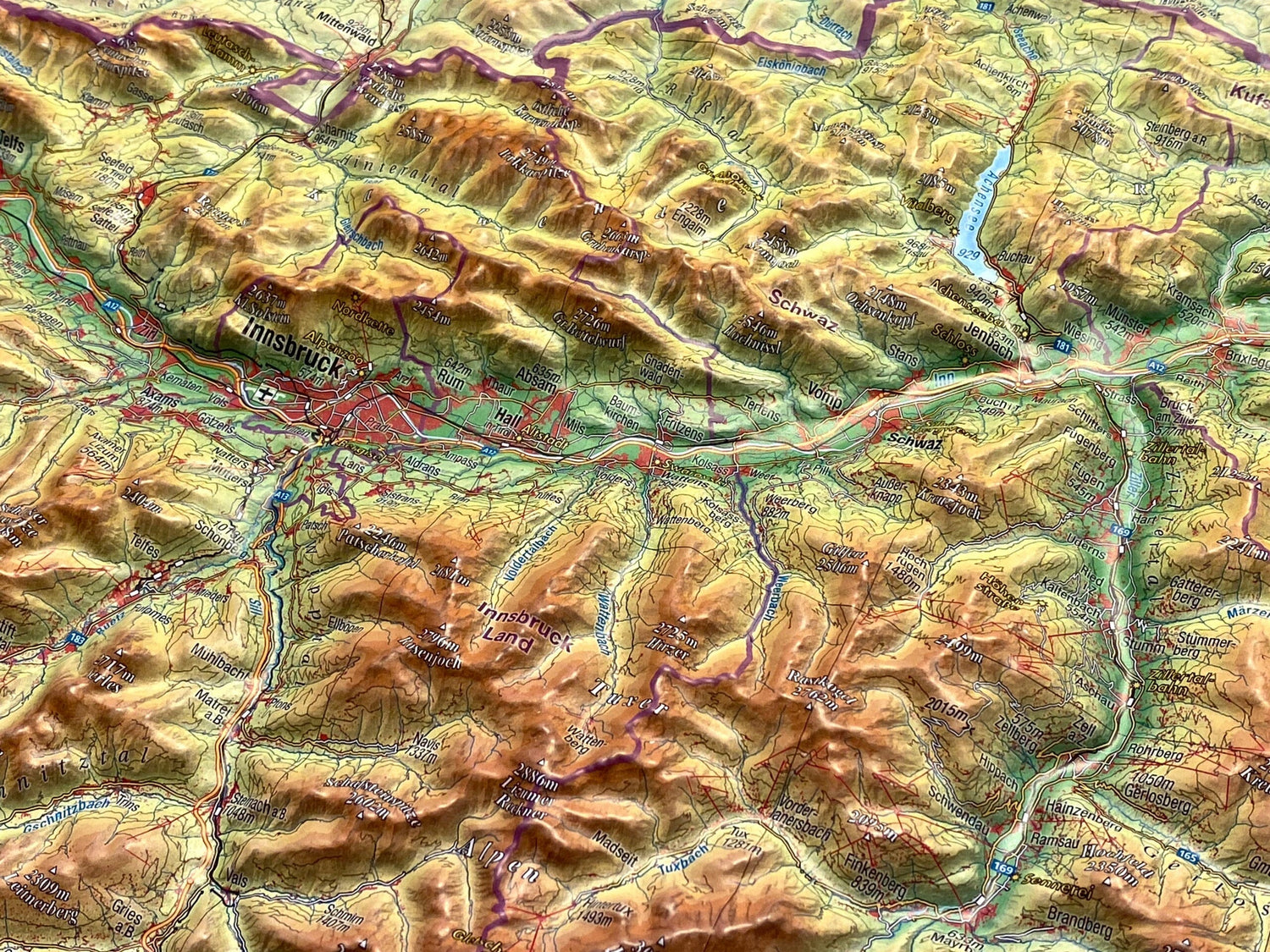 Carte murale en relief - Tyrol (en anglais), avec cadre aluminium - 77 x 57 cm | Georelief carte en relief Georelief