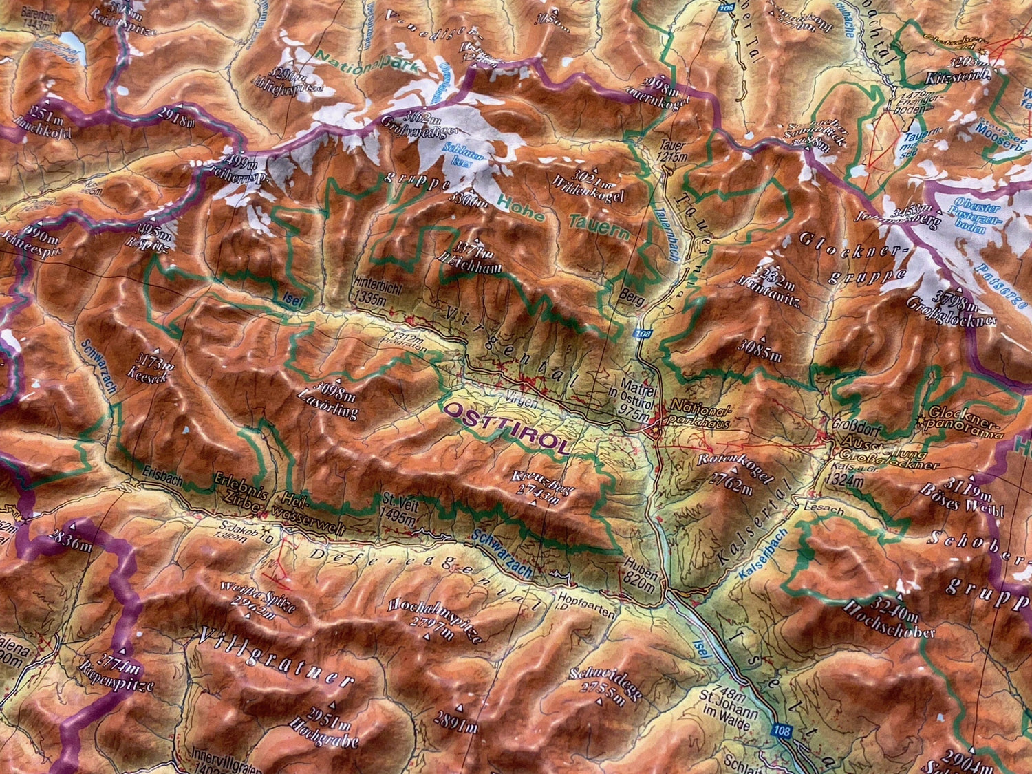 Carte murale en relief - Tyrol (en anglais), avec cadre aluminium - 77 x 57 cm | Georelief carte en relief Georelief