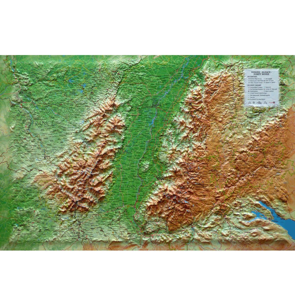 Carte murale en relief - Vosges, Alsace, Forêt Noire - 61 x 41 cm | 3D Map carte en relief 3D Map