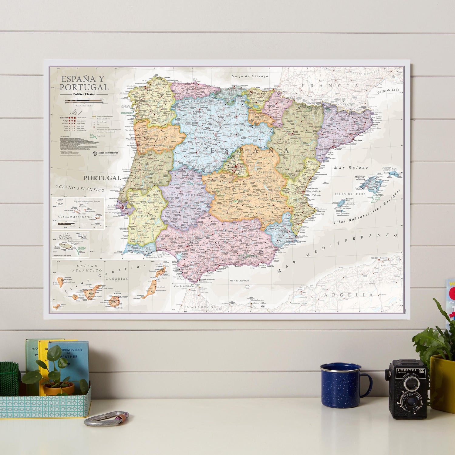 Carte murale - Espagne & Portugal (en espagnol), style classique - 60 x 42 cm | Maps International carte murale roulée (en tube) Maps International