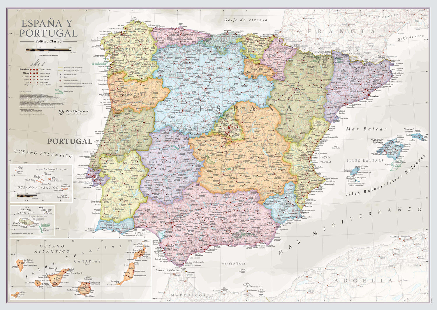 Carte murale - Espagne & Portugal (en espagnol), style classique - 60 x 42 cm | Maps International carte murale roulée (en tube) Maps International