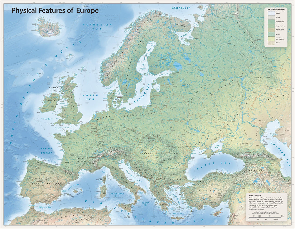 Carte murale - Europe physique - 122 x 95 cm - Édition Premium | Tom Patterson carte murale roulée (en tube) Tom Patterson
