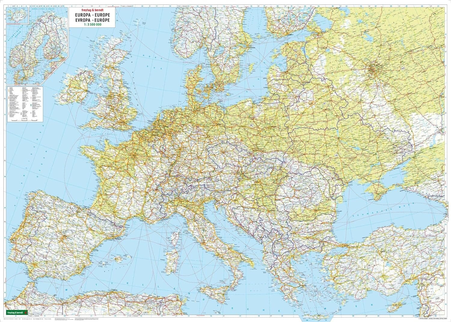 Carte murale - Europe (physique) - 126 x 90 cm | Freytag & Berndt carte murale roulée (en tube) Freytag & Berndt