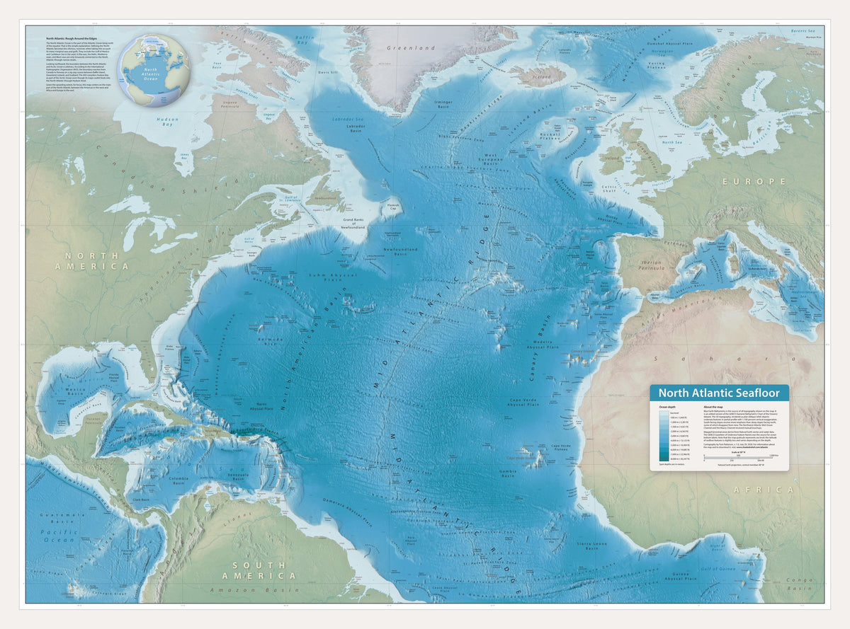 Carte murale - Fonds de l'Atlantique Nord - 104 x 77 cm - Édition Premium | Tom Patterson carte murale roulée (en tube) Tom Patterson