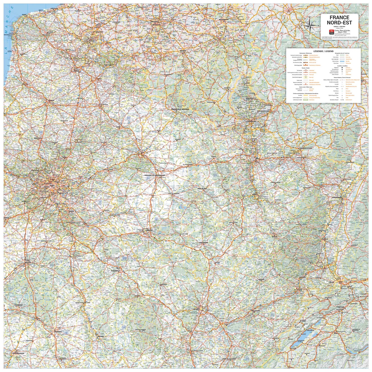 Carte murale – France routière, Quart Nord-Est (100 x 100 cm) | Blay Foldex carte murale roulée (en tube) Blay Foldex