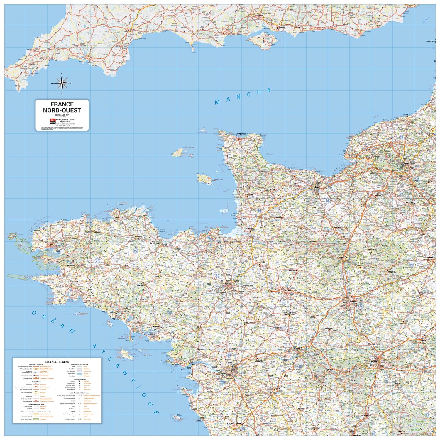 Carte murale – France routière, Quart Nord-Ouest (100 x 100 cm) | Blay Foldex carte murale roulée (en tube) Blay Foldex