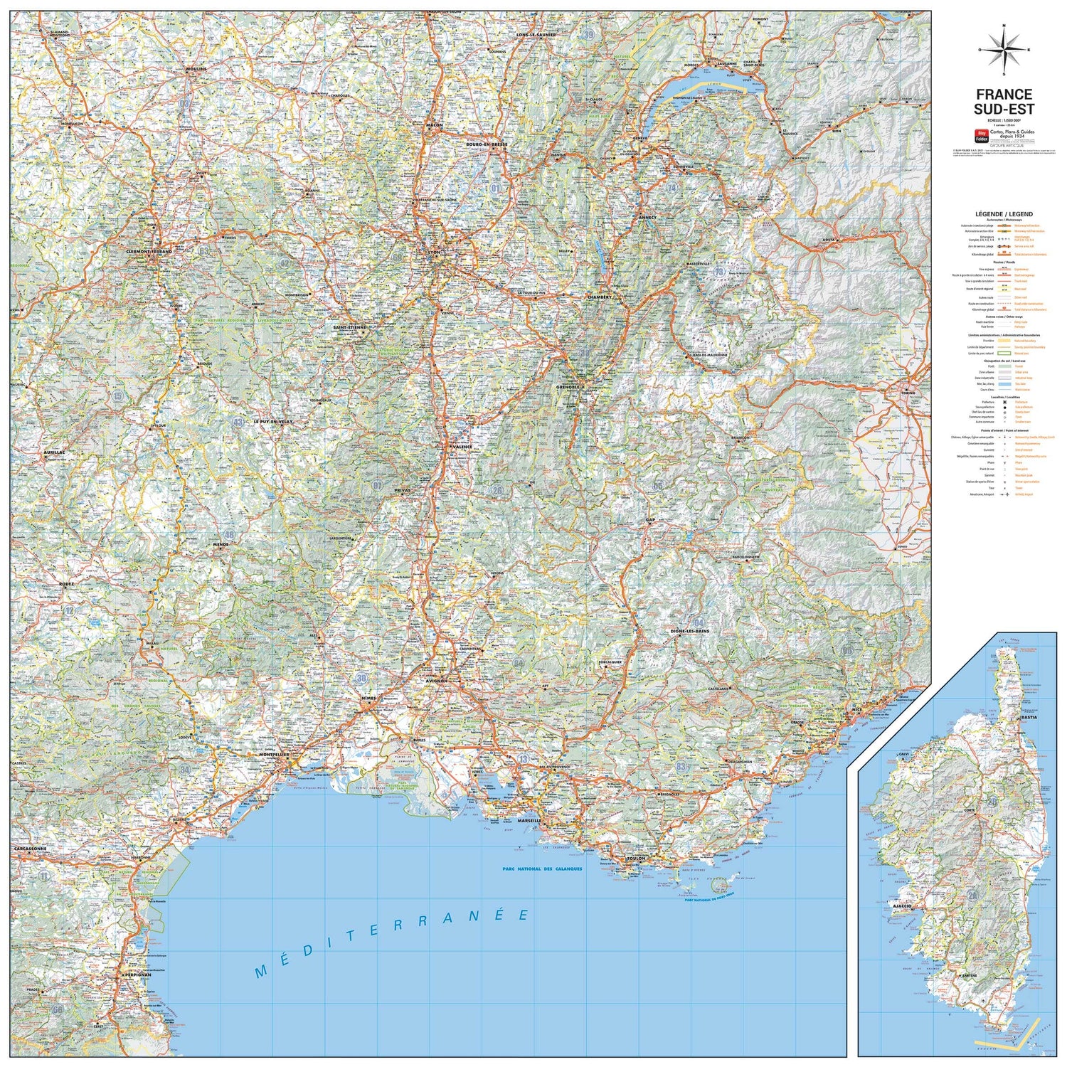 Carte murale – France routière, Quart Sud-Est (100 x 100 cm) | Blay Foldex carte murale roulée (en tube) Blay Foldex