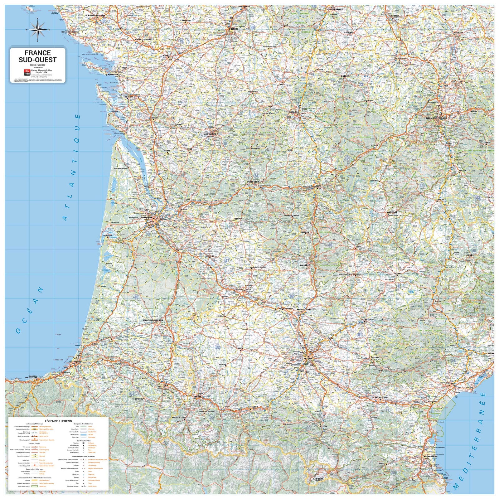 Carte murale – France routière, Quart Sud-Ouest (100 x 100 cm) | Blay Foldex carte murale roulée (en tube) Blay Foldex