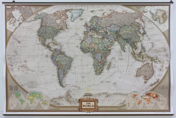 Carte murale géante plastifiée avec profilés aluminium - Monde politique, style antique - 1/18M (185 x 122 cm) | National Geographic carte murale roulée (en tube) National Geographic