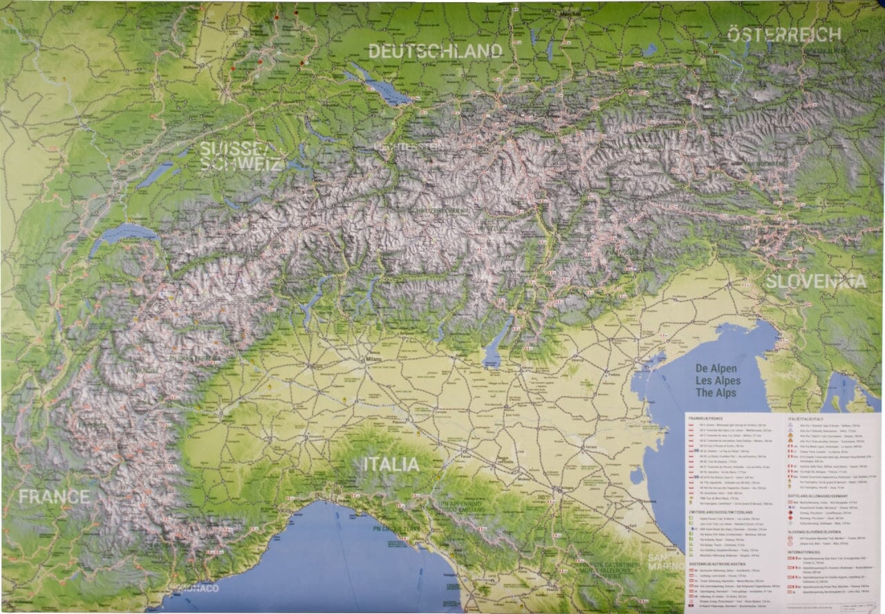 Carte murale Hike and Rail - Alpes, Pyrénées, Corse (98 x 68 cm) | Alta Via carte murale roulée (en tube) Alta Via