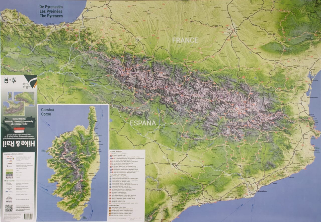 Carte murale Hike and Rail - Alpes, Pyrénées, Corse (98 x 68 cm) | Alta Via carte murale roulée (en tube) Alta Via