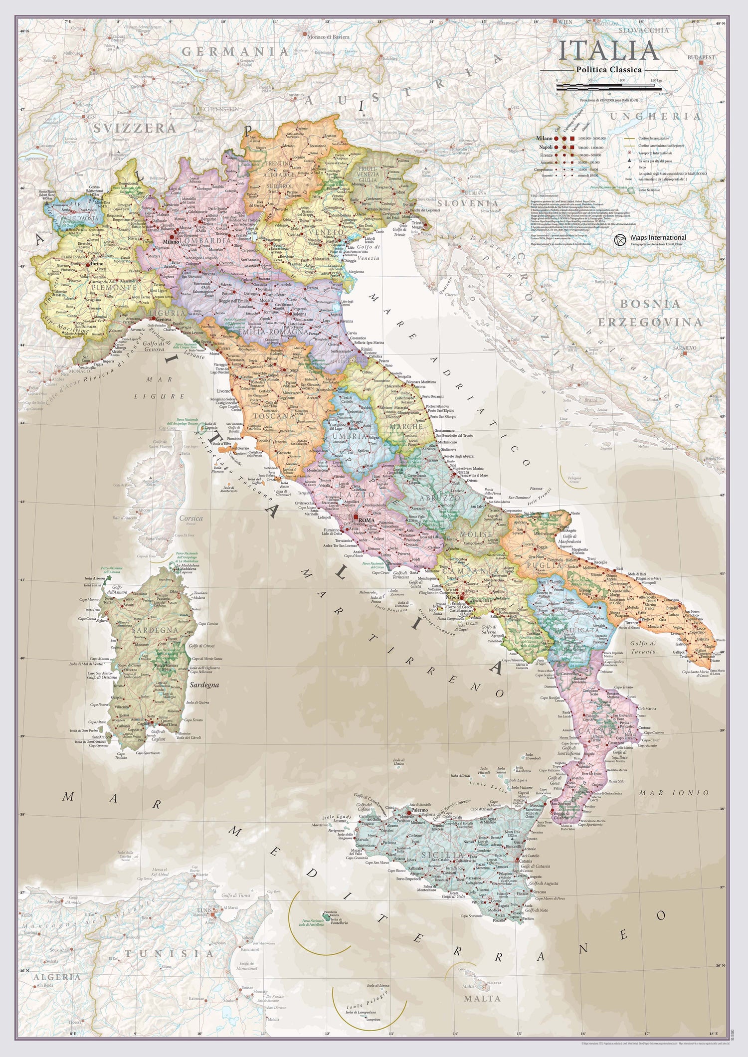 Carte murale - Italie administrative (en italien), style classique - 42 x 60 cm | Maps International carte murale roulée (en tube) Maps International