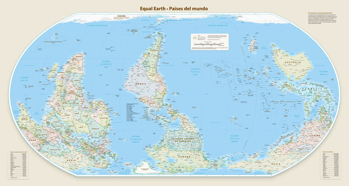 Carte murale - Monde à l'envers, sud en haut, Equal Earth centré sur les Amériques - 140 x 74 cm - Édition Premium | Tom Patterson carte murale roulée (en tube) Tom Patterson Espagnol 140 × 74 cm (55 × 29 po) Papier photo satiné