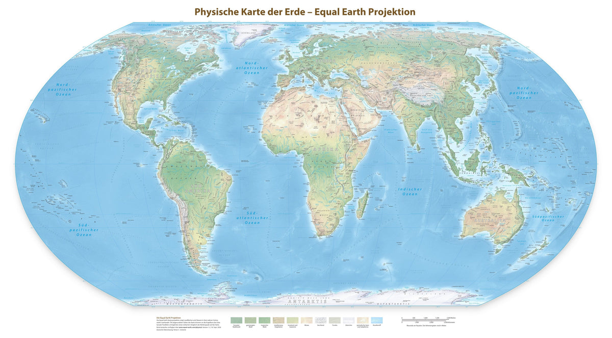 Carte murale - Monde physique Equal Earth en allemand - 140 x 77 cm - Édition Premium | Tom Patterson carte murale roulée (en tube) Tom Patterson Europe-Afrique (Florence, 11° E) 140 × 77 cm (55 × 30 po) Papier photo satiné