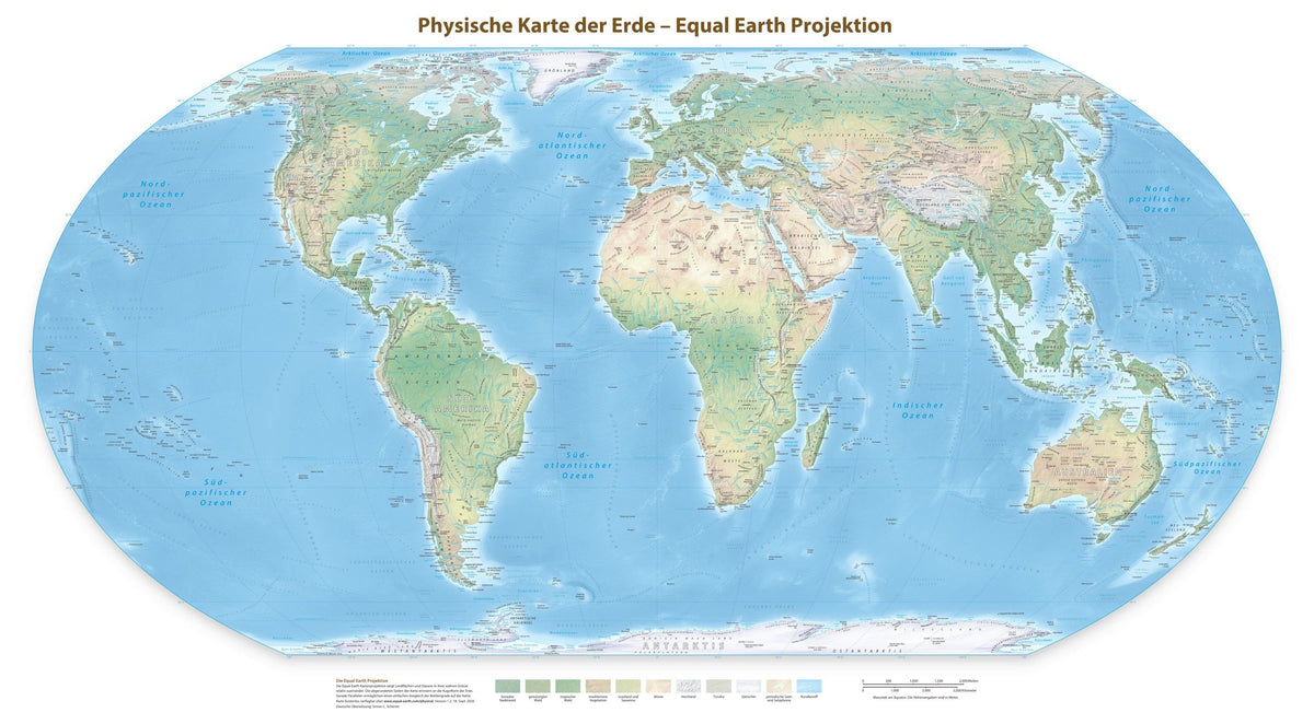 Carte murale - Monde physique Equal Earth en allemand - 140 x 77 cm - Édition Premium | Tom Patterson carte murale roulée (en tube) Tom Patterson Europe-Afrique (Greenwich, 0°) 140 × 77 cm (55 × 30 po) Papier photo satiné