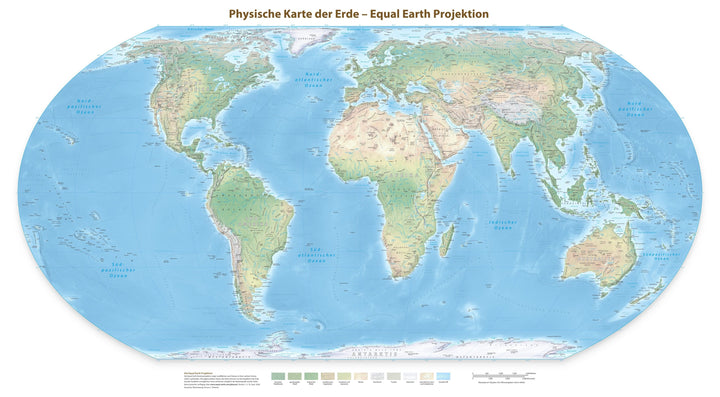 Carte murale - Monde physique Equal Earth en allemand - 140 x 77 cm - Édition Premium | Tom Patterson carte murale roulée (en tube) Tom Patterson Europe-Afrique (Greenwich, 0°) 140 × 77 cm (55 × 30 po) Papier photo satiné