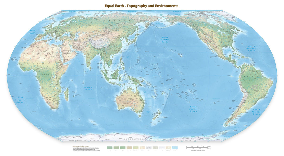 Carte murale - Monde physique Equal Earth en anglais - 140 x 77 cm - Édition Premium | Tom Patterson carte murale roulée (en tube) Tom Patterson Asie-Océanie (150° E) 140 × 77 cm (55 × 30 po) Papier photo satiné