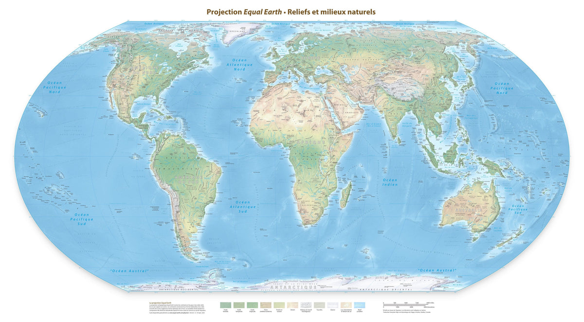Carte murale - Monde physique Equal Earth en français - 140 x 77 cm - Édition Premium | Tom Patterson carte murale roulée (en tube) Tom Patterson Europe-Afrique (Florence, 11° E) 140 × 77 cm (55 × 30 po) Papier photo satiné