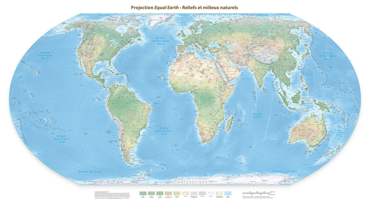 Carte murale - Monde physique Equal Earth en français - 140 x 77 cm - Édition Premium | Tom Patterson carte murale roulée (en tube) Tom Patterson Europe-Afrique (Greenwich, 0°) 140 × 77 cm (55 × 30 po) Papier photo satiné