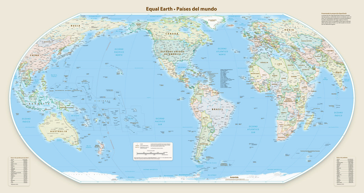 Carte murale - Monde politique Equal Earth en espagnol - 140 x 74 cm - Édition Premium | Tom Patterson carte murale roulée (en tube) Tom Patterson Amériques (90° O) 140 × 74 cm (55 × 29 po) Papier photo satiné