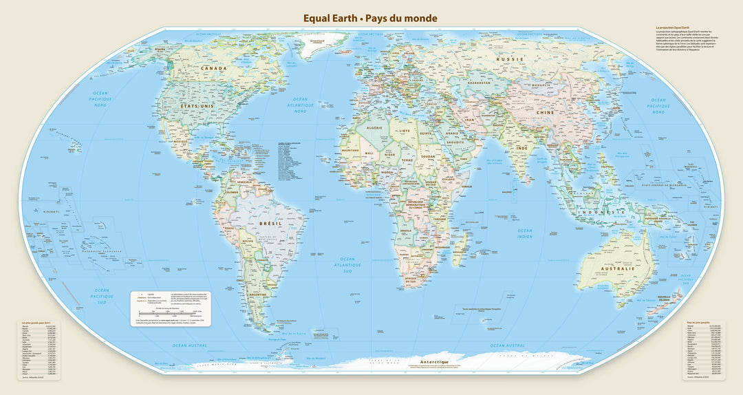 Carte murale - Monde politique Equal Earth en français - 140 x 74 cm - Édition Premium | Tom Patterson carte murale roulée (en tube) Tom Patterson Europe-Afrique (Greenwich, 0°) 140 × 74 cm (55 × 29 po) Papier photo satiné