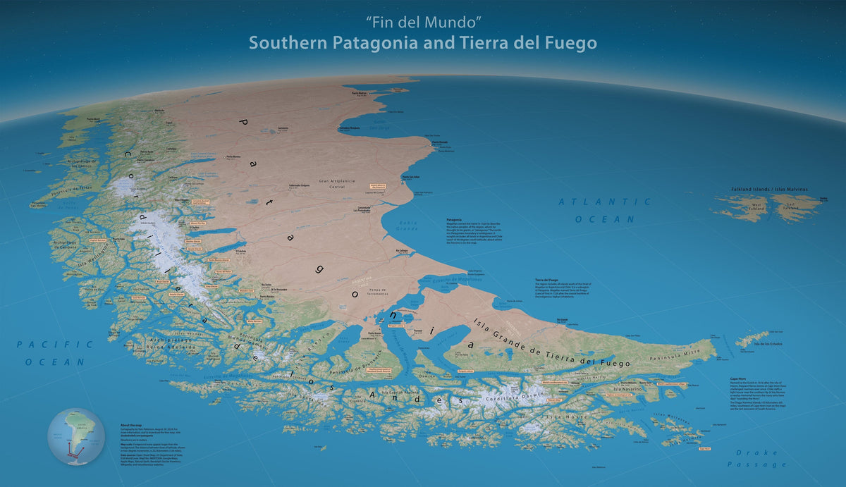 Carte murale - Patagonie australe et Terre de Feu - 127 x 75 cm - Édition Premium | Tom Patterson carte murale roulée (en tube) Tom Patterson