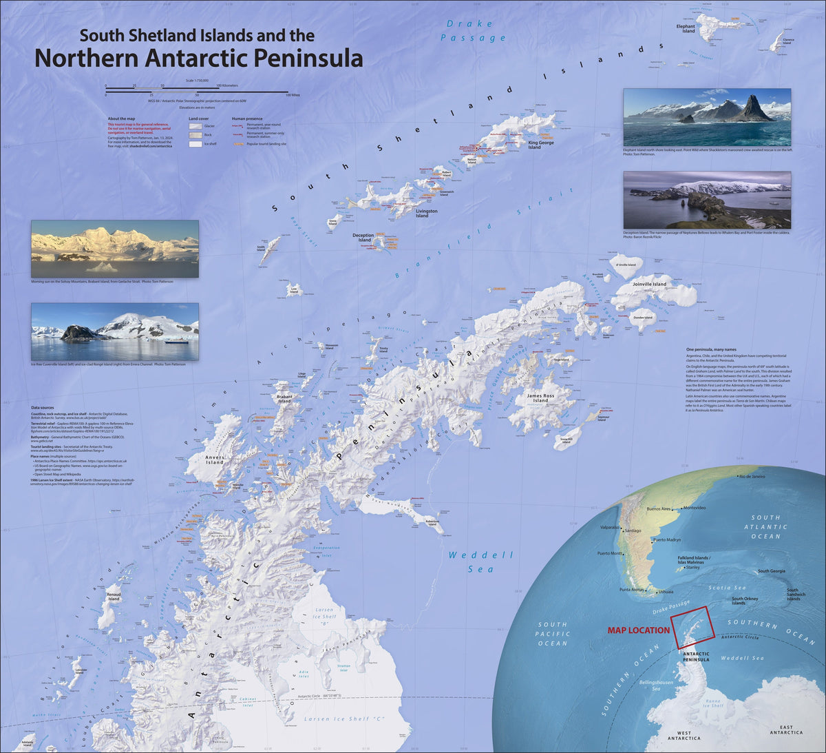Carte murale - Péninsule Antarctique et îles Shetland du Sud - 104 x 95 cm - Édition Premium | Tom Patterson carte murale roulée (en tube) Tom Patterson