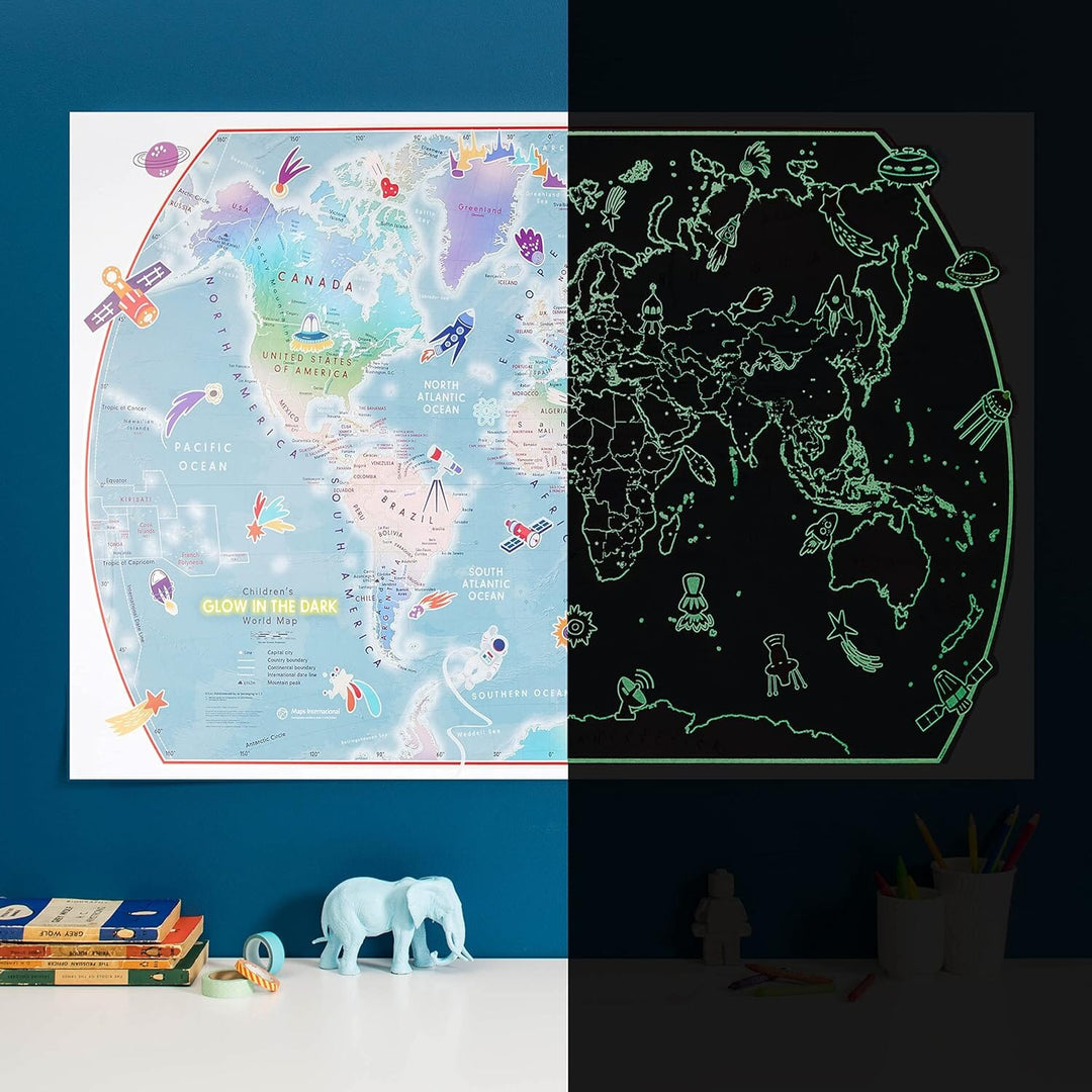 Carte murale phosphorescente pour enfants - Le Monde, en anglais (85 x 60 cm) | Maps International carte murale petit tube Maps International 