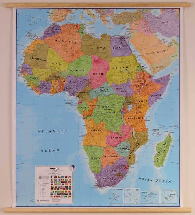 Carte murale plastifiée avec lattes de maintien en bois - Afrique politique (en anglais) - 100 x 120 cm | Maps International carte murale roulée (en tube) Maps International