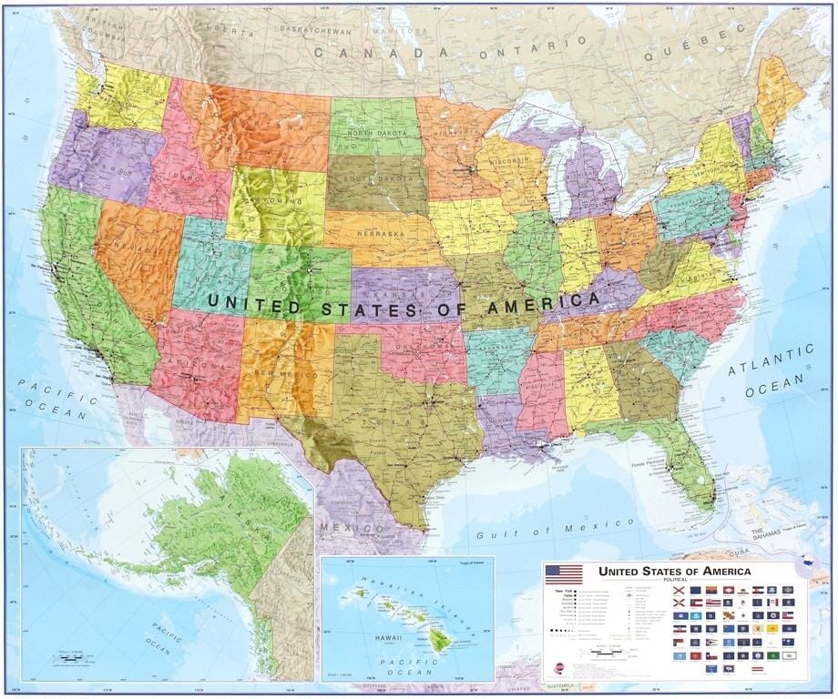 Carte murale plastifiée avec lattes de maintien en bois - USA politique (en anglais) - 120 x 100 cm | Maps International carte murale roulée (en tube) Maps International Default Title