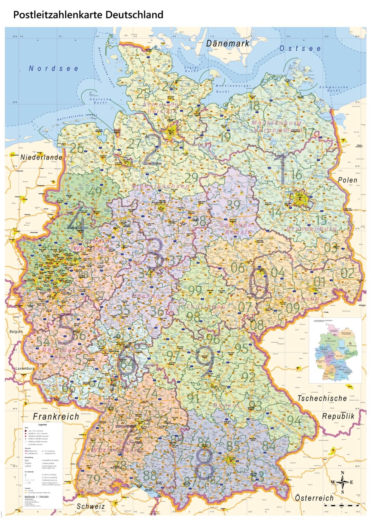 Carte murale plastifiée (en allemand) - Allemagne, avec codes postaux (100 x 140 cm) + baguettes métalliques | GeoMetro carte murale roulée (en tube) GeoMetro