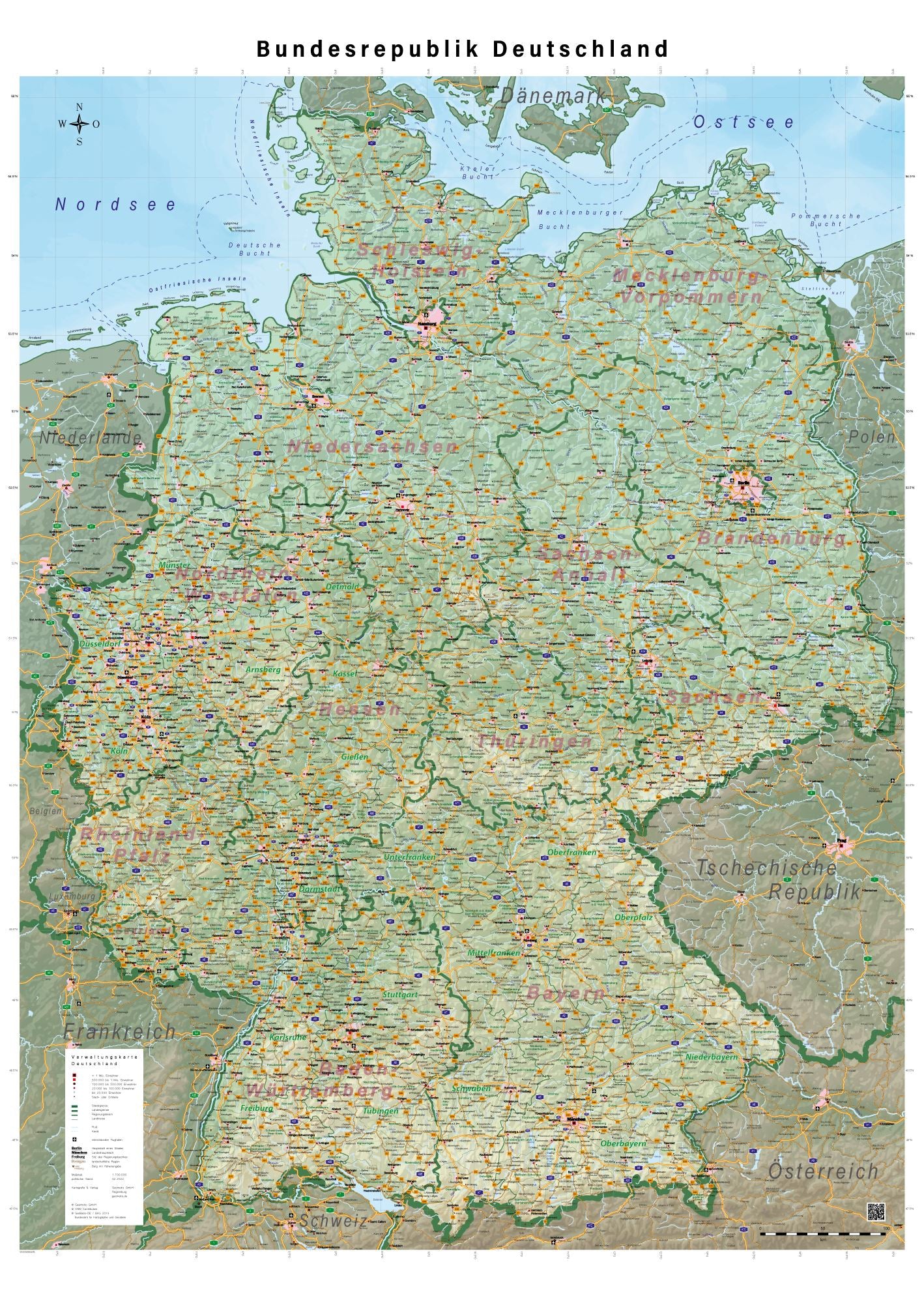 Carte murale plastifiée (en allemand) - Allemagne physique (100 x 140 cm) | GeoMetro carte murale roulée (en tube) GeoMetro