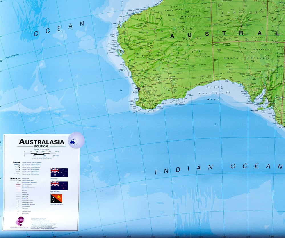 Carte murale plastifiée – Australasie politique (en anglais) – 120 x 100 cm | Maps International - La Compagnie des Cartes