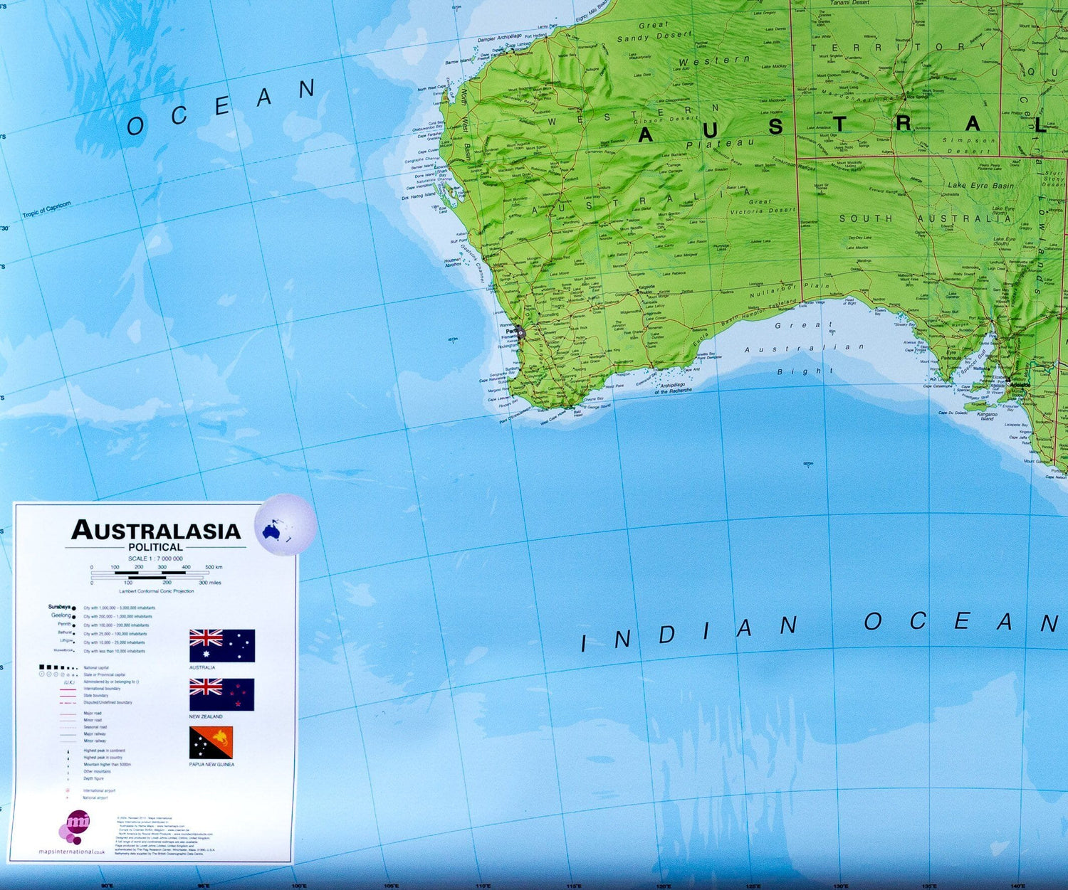 Carte murale plastifiée (en anglais) - Australasie politique, avec lattes métalliques de maintien - 120 x 100 cm | Maps International carte murale roulée (en tube) Maps International