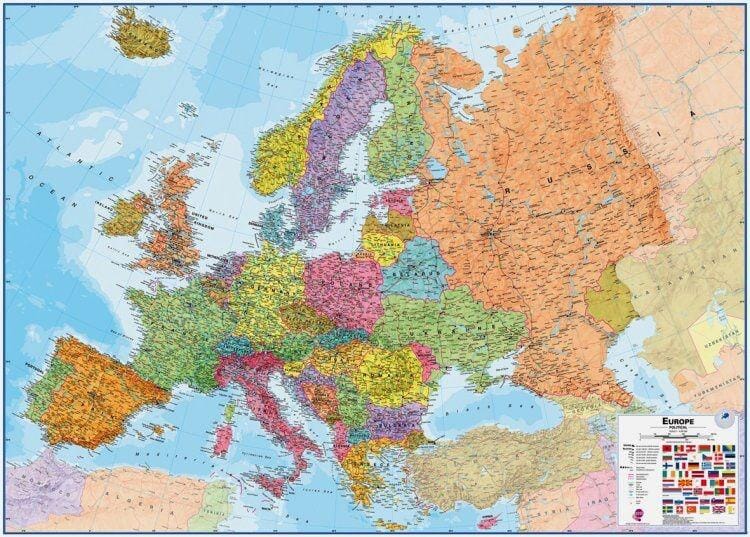 Carte murale plastifiée (en anglais) - Europe politique, avec lattes métalliques de maintien - 135 x 98 cm | Maps International carte murale roulée (en tube) Maps International