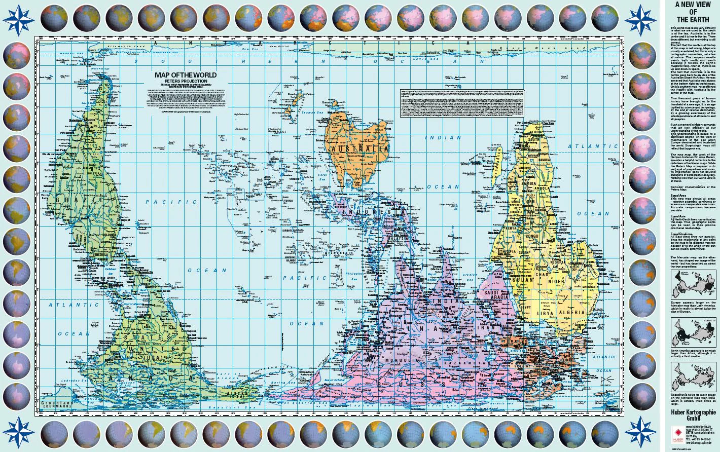 Carte murale plastifiée (en anglais) - Le Monde politique, centré sur le Pacifique, upside down - Projection de Gall-Peters (130 x 83 cm) | Huber carte murale roulée (en tube) Huber