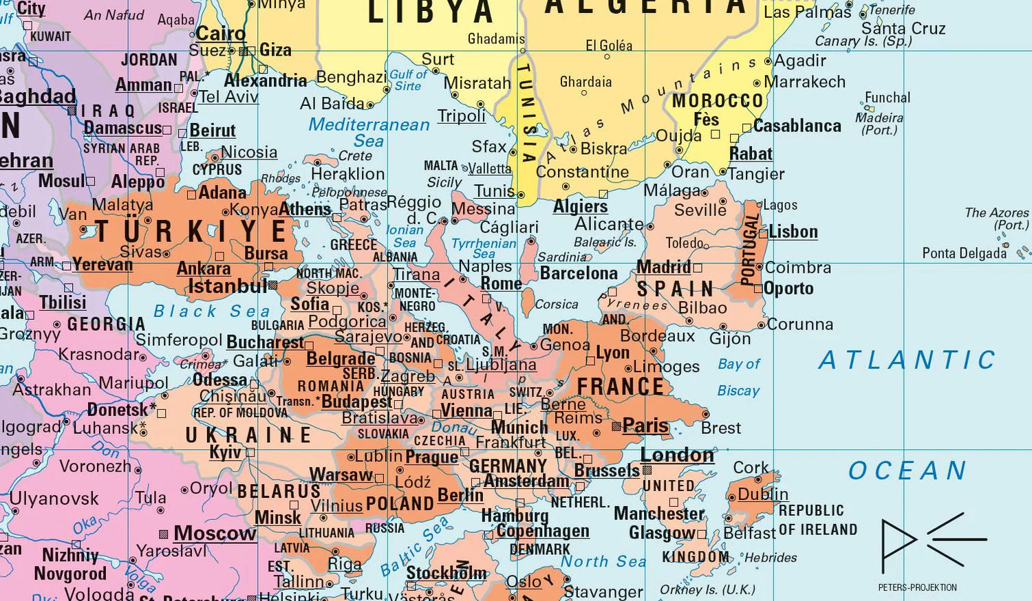 Carte murale plastifiée (en anglais) - Le Monde politique, centré sur le Pacifique, upside down - Projection de Gall-Peters (130 x 83 cm) | Huber carte murale roulée (en tube) Huber