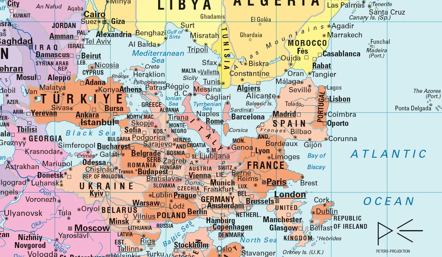 Carte murale plastifiée (en anglais) - Le Monde politique, centré sur le Pacifique, upside down - Projection de Gall-Peters (130 x 83 cm) | Huber carte murale roulée (en tube) Huber