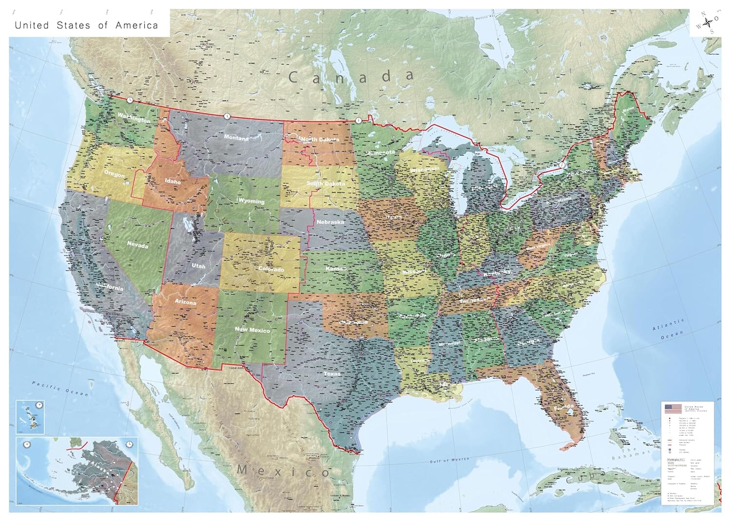 Carte murale plastifiée (en anglais) - USA politique (140 x 100 cm) | GeoMetro carte murale roulée (en tube) GeoMetro