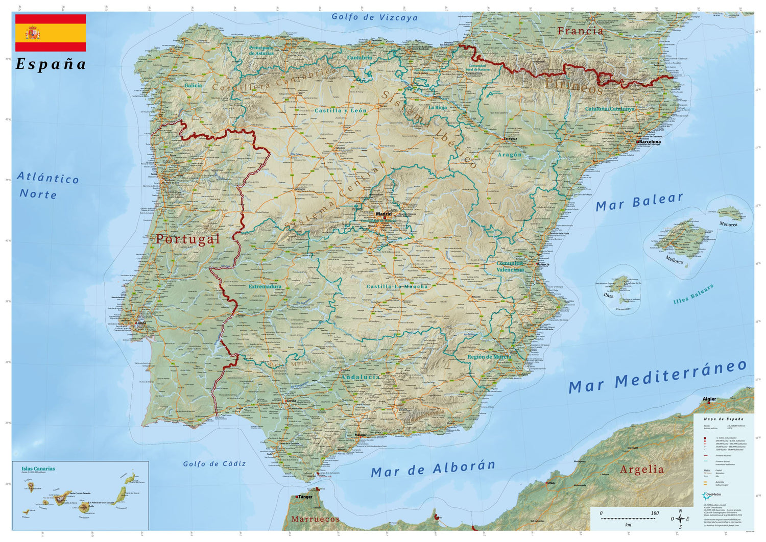 Carte murale plastifiée (en espagnol) - Espagne physique (118,8 x 84 cm) | GeoMetro carte murale roulée (en tube) GeoMetro