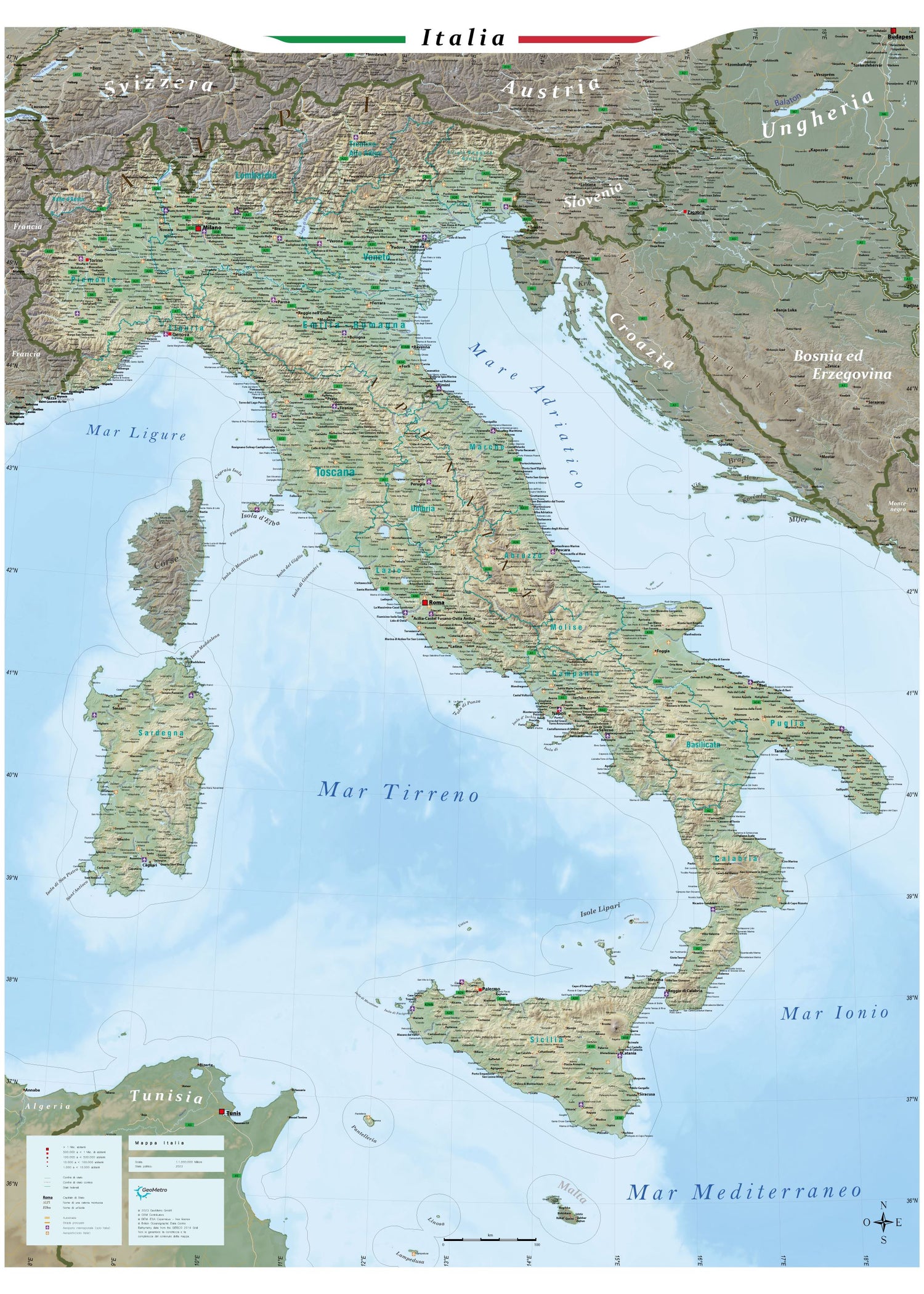 Carte murale plastifiée (en italien) - Italie physique (100 x 140 cm) | GeoMetro carte murale roulée (en tube) GeoMetro